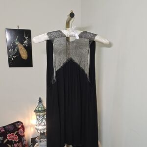 Black Sleevless Open Cardigan With Silver Embroidered Mesh Butterfly Detail